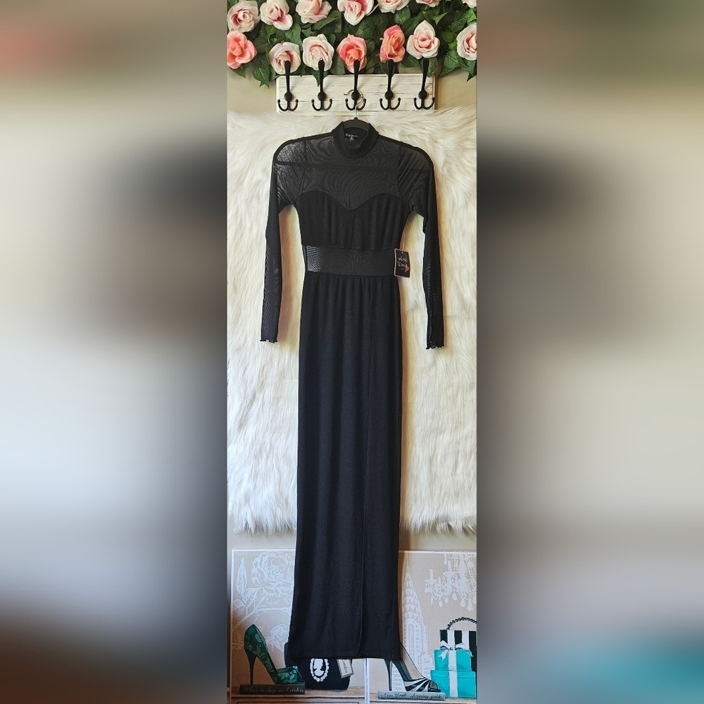 Mixed Threads Elegant Black Mesh Long Sleeve Dress